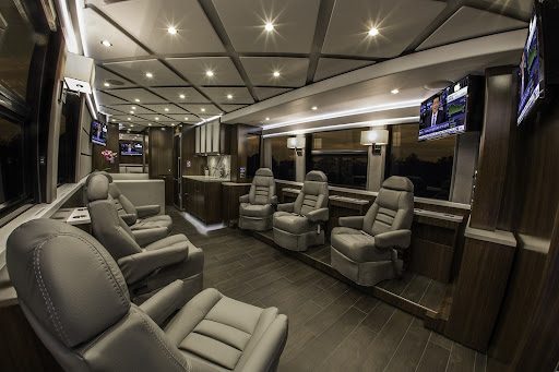 Leather seating inside a luxury executive coach