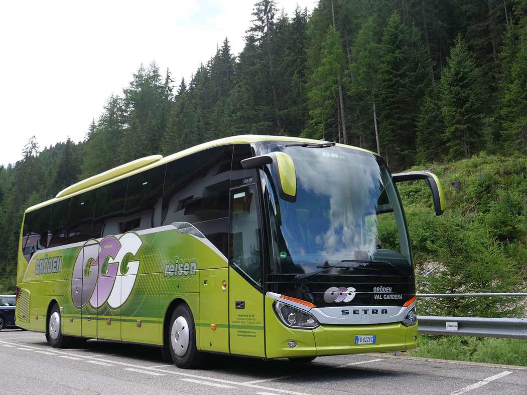 Green mid-size Setra coach parked on a mountain road surrounded by pine forest