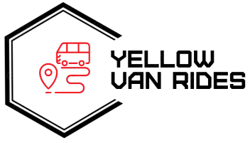 Yellow Van Rides logo with a red charter bus icon inside a black hexagon
